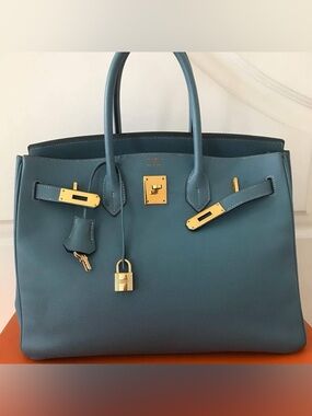 Blue Leather Top-Handle Tote H Birkin 35 blue Jean Togo contrast stitching GHW